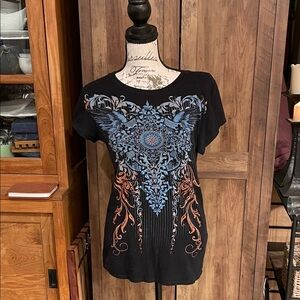 Women’s Black Graphic Tee with Blue and Orange Ornate Print